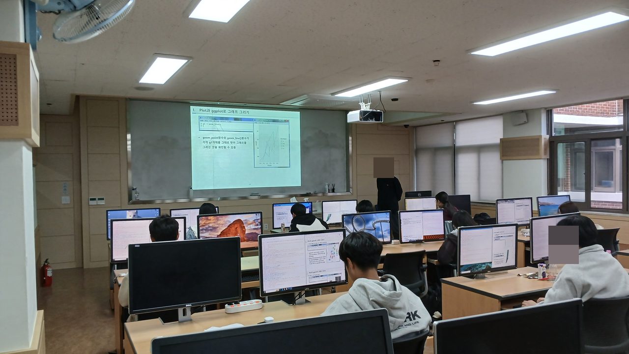 서울강서양천교육지원청 주관 고등학생 대상 빅데이터 실습 교육 진행 활동 사진(자동 얼굴 모자이크 적용)